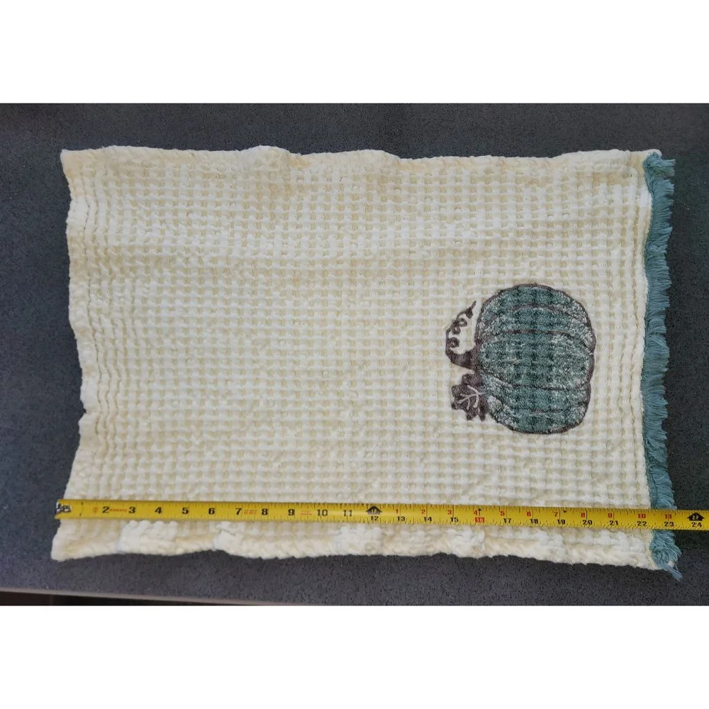 Nicole Miller Home Pumpkin Kitchen Towel Cream Teal Fringe 24x12